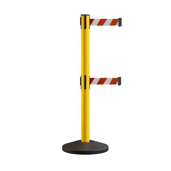 Montour Line Retractable Dbl Belt Rolling Stanchion, 2.5in YW Post  7.5'Rd/Wh Belt MS630D-YW-RWD-75
